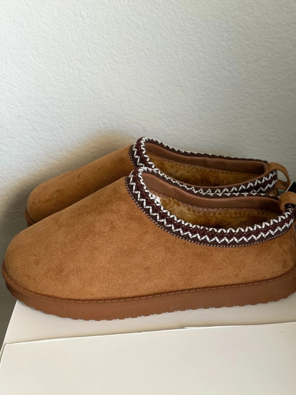 American Exchange Men' Slip-On Faux Suede Slippers in Camel with Decorative Trim